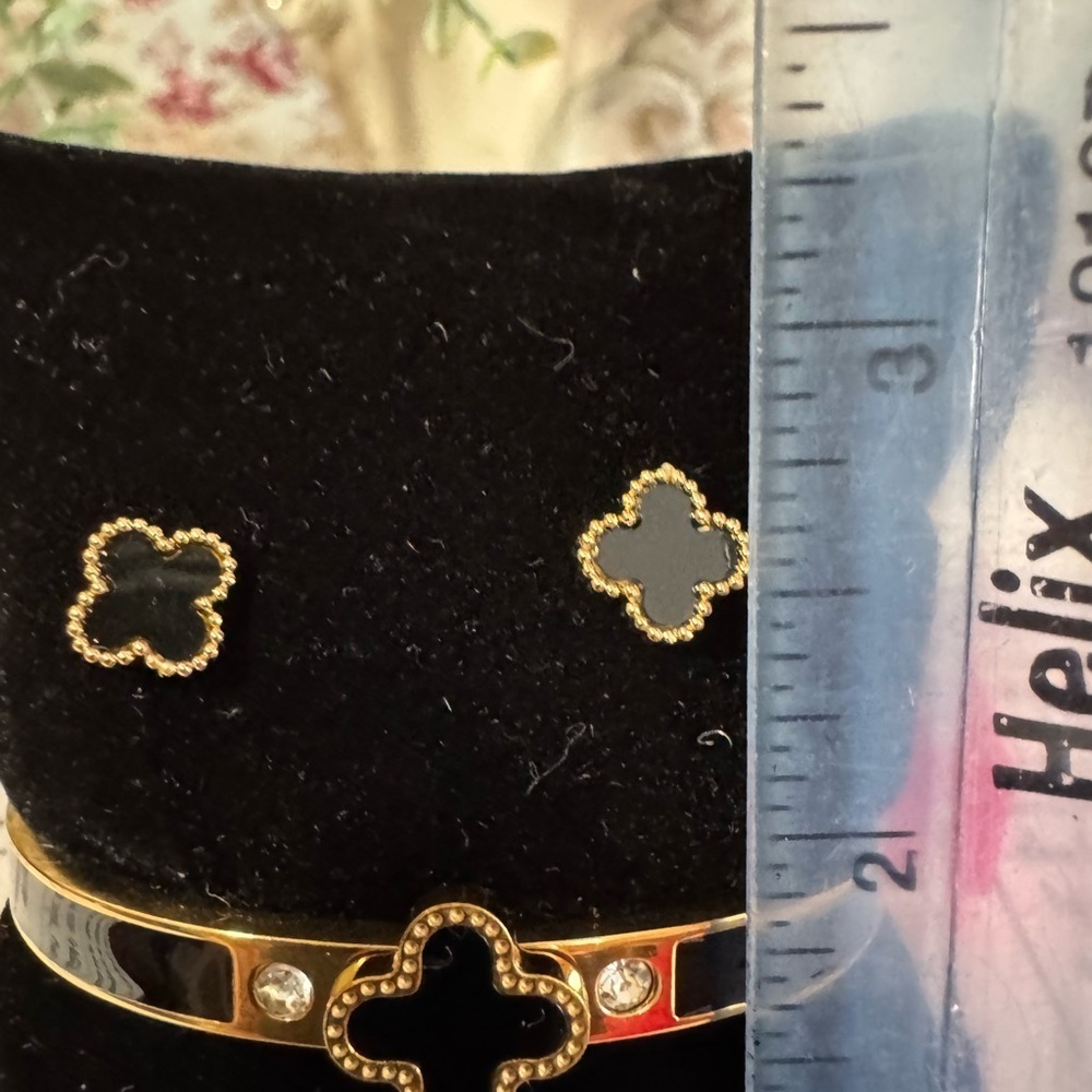 Stainless Steel Gold-Tone Black Clover Bracelet and Earrings Set - Picture 3 of 4